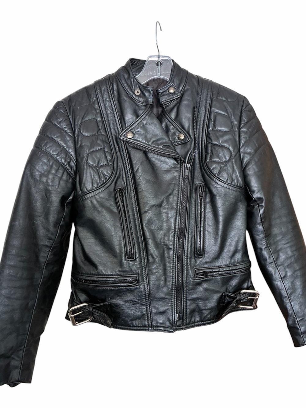 Black Quilted Motorcycle Leather Jacket Sz 9